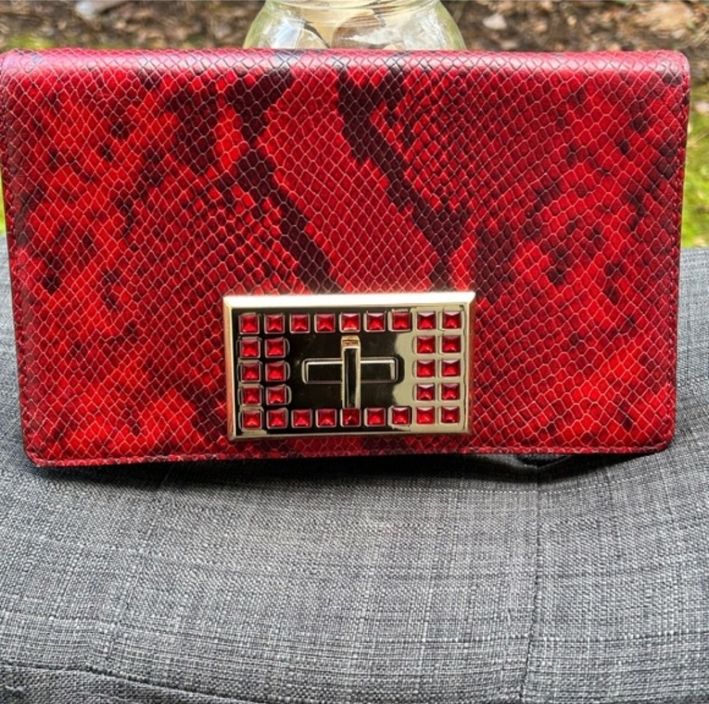 NWT Michael Kors Ellie Medium Shoulder Flap Bag in red python-embossed